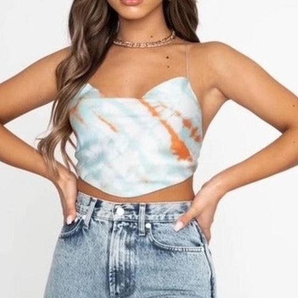 Blue and orange tie die cowl neck crop top w open back strap adjustable detail - Picture 1 of 4